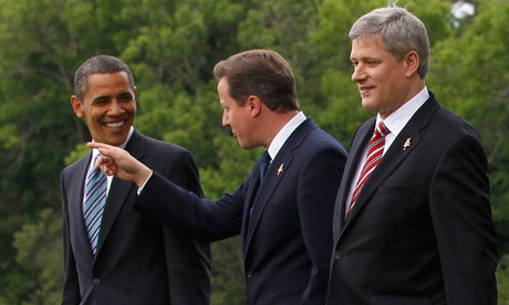 De derecha a izquierda: Stephen harper, Primer Ministro Canadiense; David Cameron, Primer Ministro del Reino Unido y Barack Hussein Obama, Presidente de Estados Unidos.